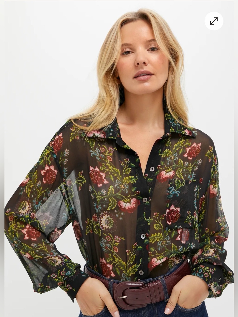 Tuckernuck Midnight Moonflower Sheer Alysse Blouse XS Black Floral Button Down
